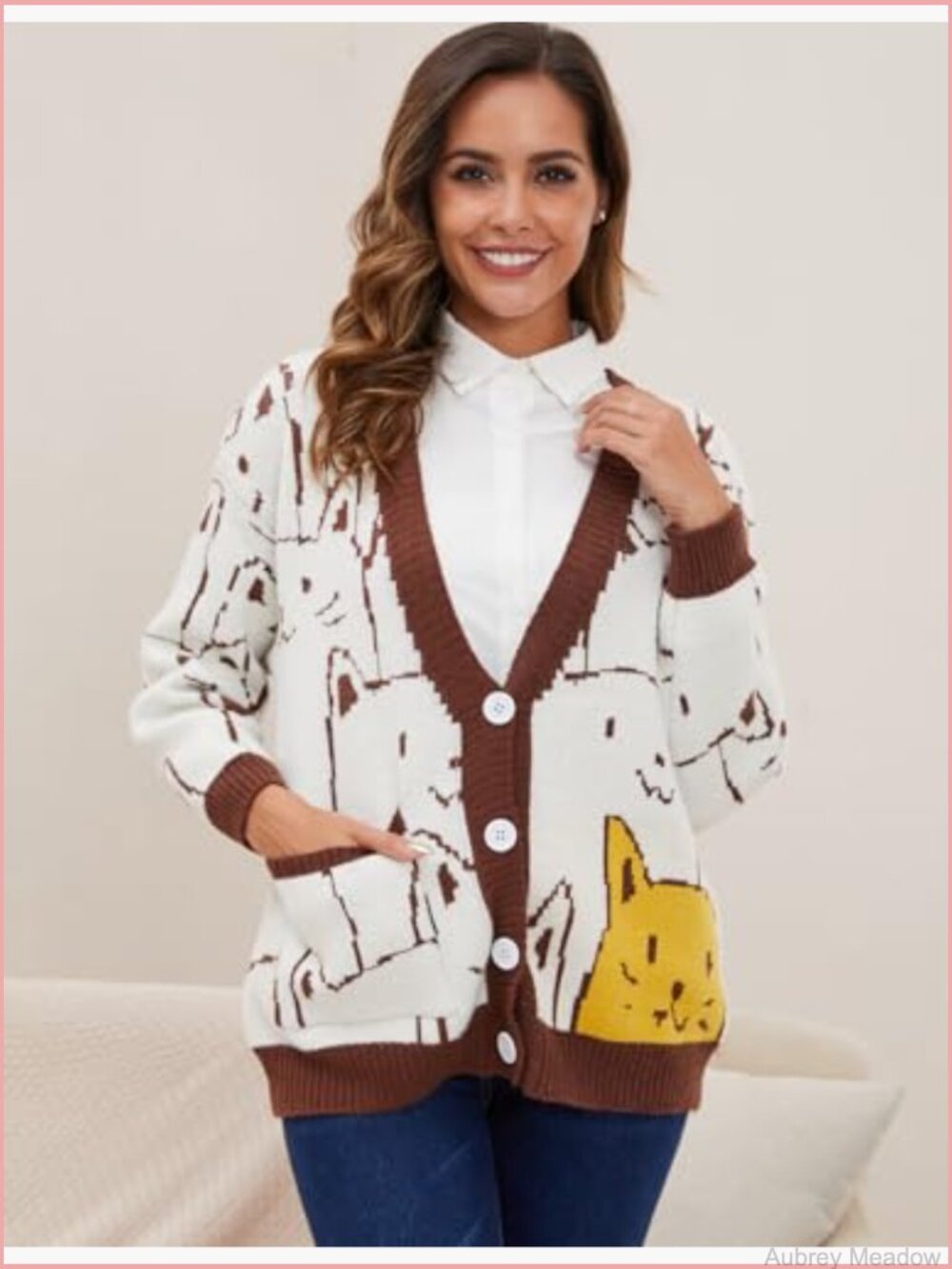 Oversized Kawaii Cat Cardigan Sweater Button Down V-Neck Lightweight Knit - Picture 6 of 7